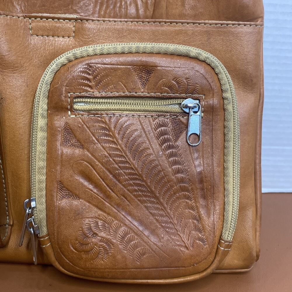VINTAGE HAND TOOLED EMBOSSED BROWN TAN LEATHER SHOULDER BAG PURSE PARAGUAY - Picture 4 of 13